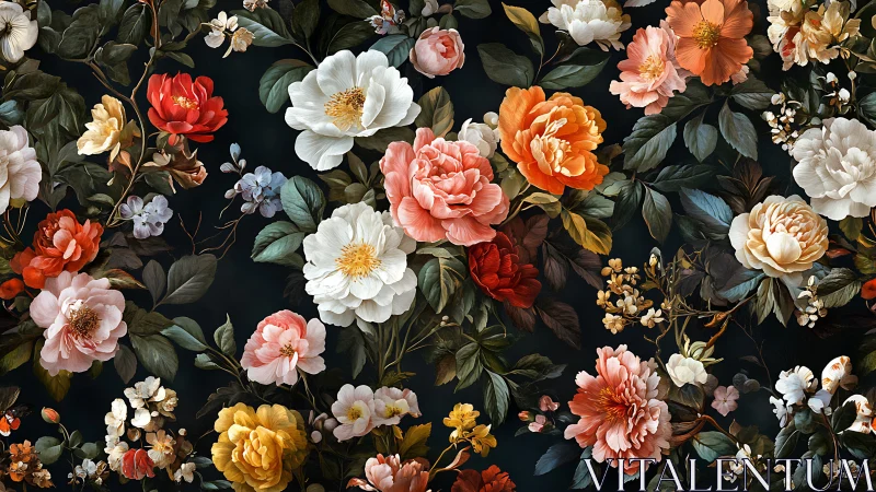 Ornate Floral Tapestry with Layered Blooms Against Dark Background