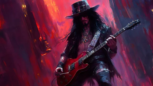 Electric guitarist in dark attire amid red abstract backdrop.