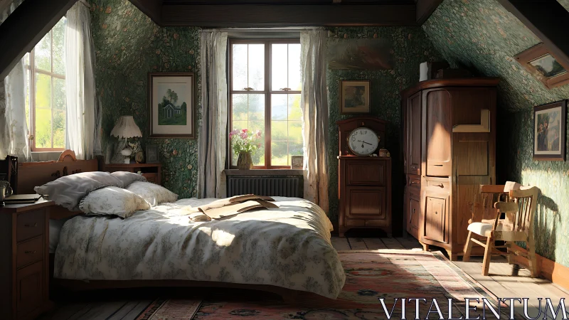 Sunlit vintage attic bedroom holds warm morning quiet