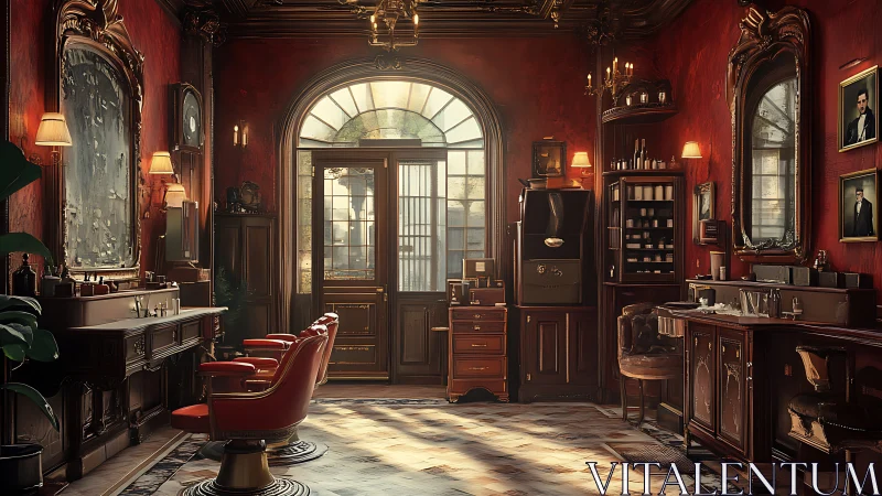 Sunlit vintage barbershop wrapped in deep red charm.