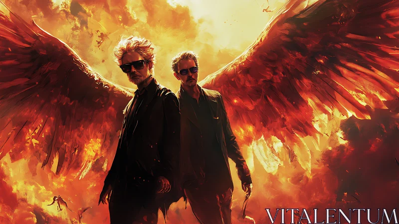 Twin seraphic enforcers with incendiary wings in flare-lit sky.