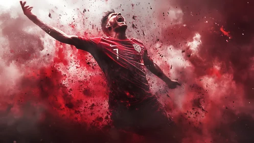 Roaring soccer player celebrates in a storm of red energy
