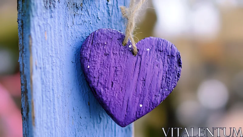 Purple heart ornament hanging from twine against weathered blue post.