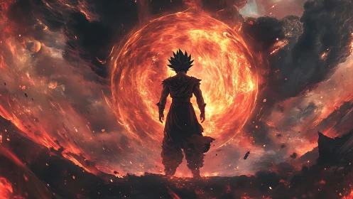 Solar storm warrior stands defiant before a roaring worldfire