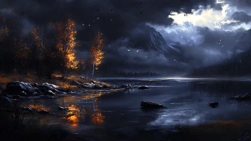 Stormlit alpine lake reflects fiery autumn trees at dusk