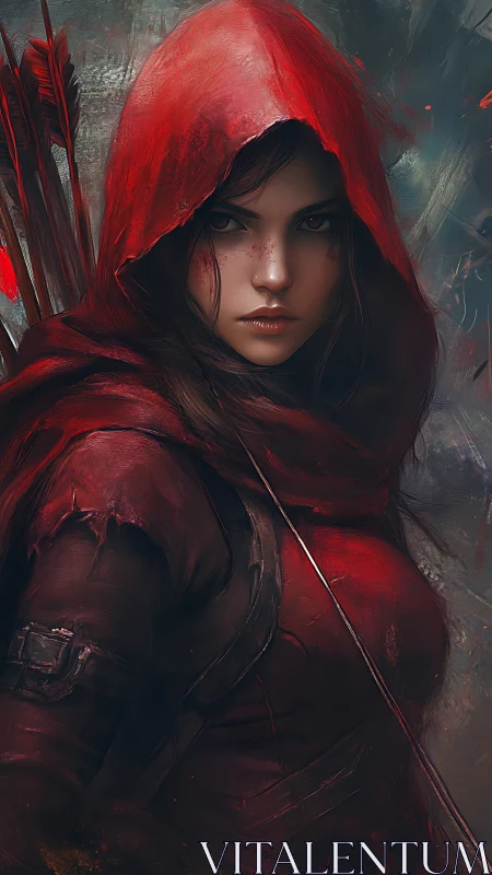 Hooded female archer in red cloak against dark backdrop.