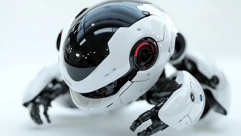 Spherical white robotic unit with articulated limbs in view.
