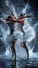 Two ballet dancers in water spray under controlled lighting.