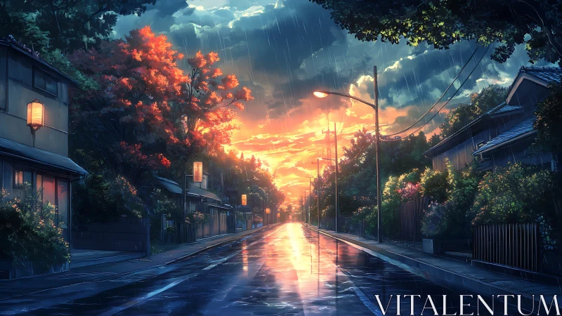 Rain-soaked suburban street at sunset with reflective asphalt glow