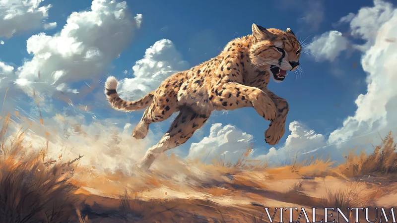 Cheetah in Flight Over Desert Savanna Landscape.