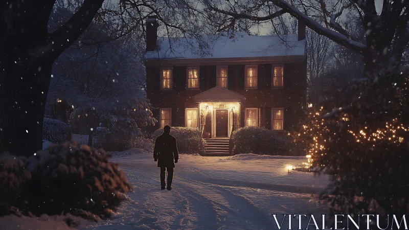 Nocturnal winter facade with silhouetted pedestrian approach.