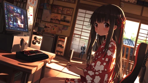Sunlit gaming afternoon with a girl in red kimono.
