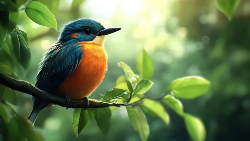 Vibrant blue and orange songbird on leafy branch, digital art style.