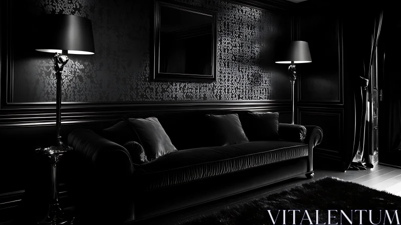 Velvet midnight lounge wrapped in luxe monochrome hush.