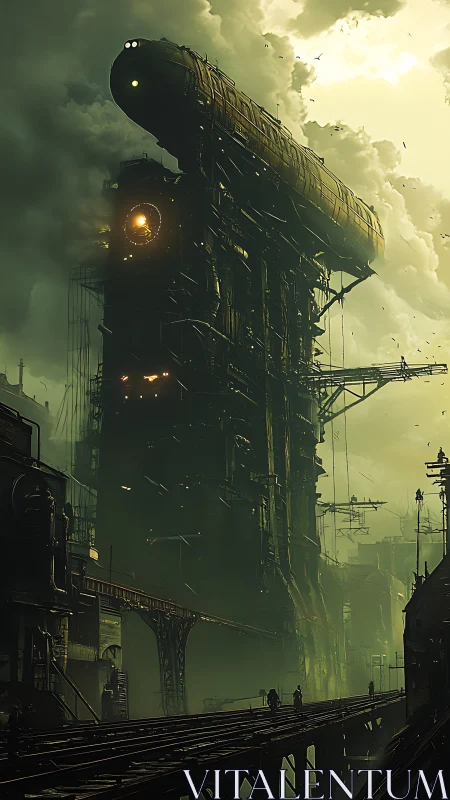 Monolithic industrial airship dock rises through toxic haze