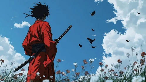 Scarlet ronin under skyborne crows and wildflower hush.