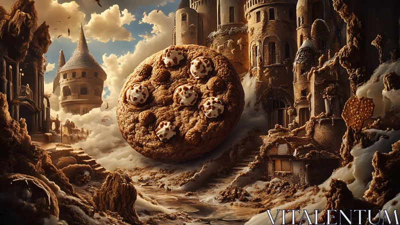 Floating cookie over fantasy dessert cityscape scene.