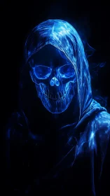 Luminous blue spectral skull emerges from a shadowed hood.