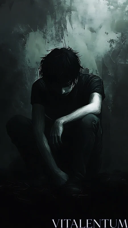 Solitary figure sits in shadow, holding quiet inner weight