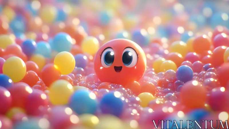 Cute Cartoon Ball Smiling in a Colorful Ball Pit, Soft Pastel Style.