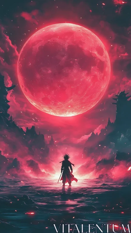 Backlit swordsman confronts colossal crimson moon in vaporous void