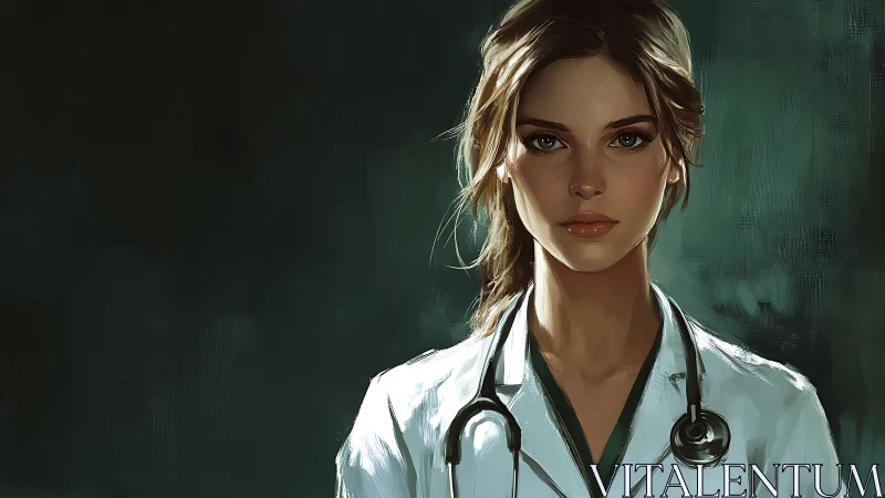 Clinical portrait of focused physician in painterly chiaroscuro.