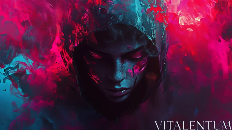 Shrouded face rests in neon mist, wrapped in vivid color