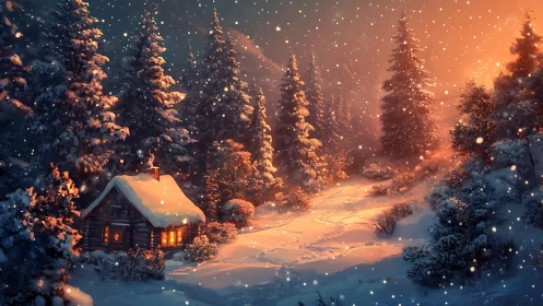 Snowfall illuminates cabin and forest path with warm rim lighting