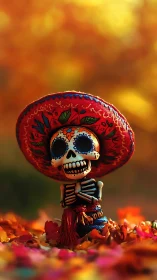 Colorful skeleton figurine with sombrero on petals.
