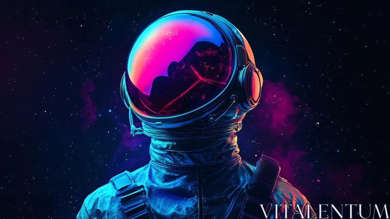 Neon-lit astronaut stands against deep starfield backdrop