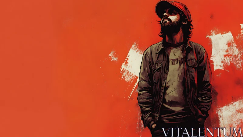 Digital painting of lone man against distressed red backdrop.