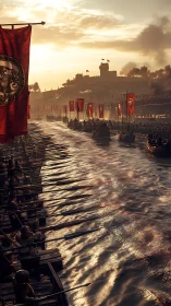 Roman warships advance toward fortified river citadel at dusk.