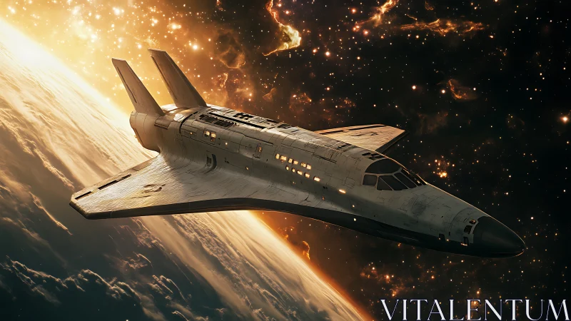 Orbital shuttle glides through golden nebula-lit exosphere.