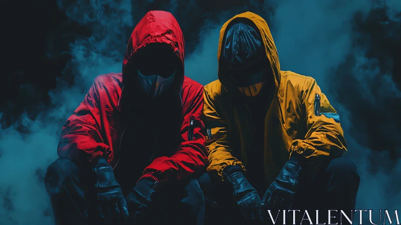 Masked figures crouch in colored hoodies amid dense smoke