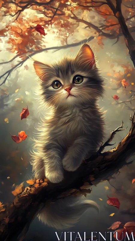 Feline Subject Among Autumn Foliage and Branch.