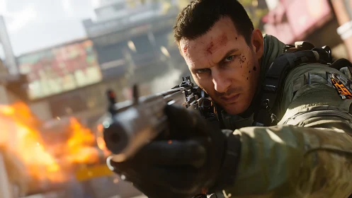 Soldier aims assault rifle amid urban firefight explosion