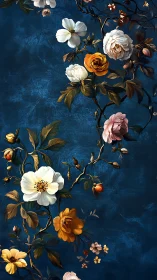 Digital painting of baroque florals on deep blue ground.