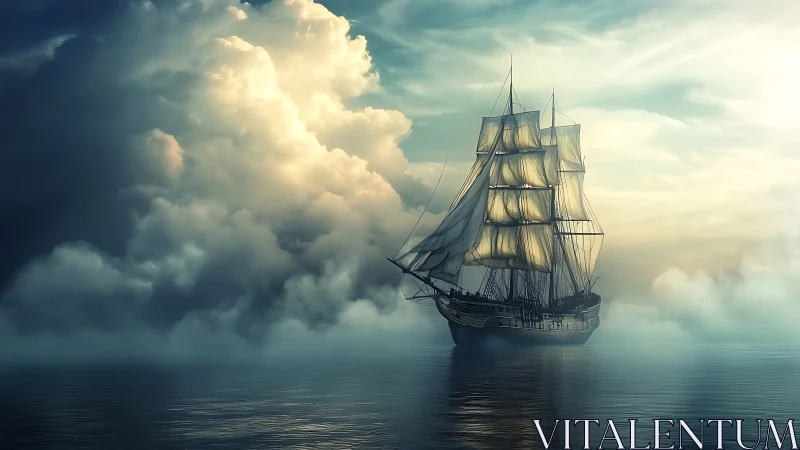 Tall ship sails through fog on calm reflective ocean water