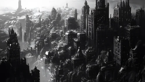 Monochrome neo-gothic megacity renders dense industrial sprawl
