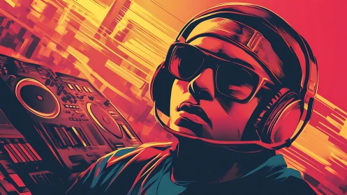 Bold DJ portrait with turntables in vibrant neon colors.