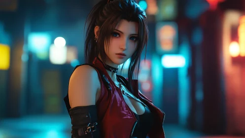 Cyberpunk heroine in neon alleyway, shallow depth portrait.