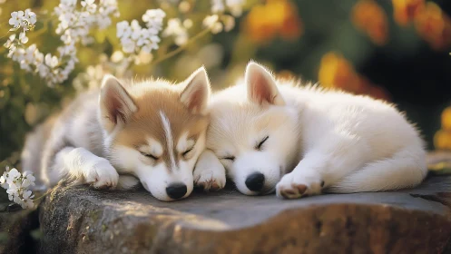 Garden nap duet of husky puppies on a sunlit stone stage.