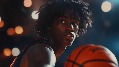Focused young basketball player under cinematic arena lights.