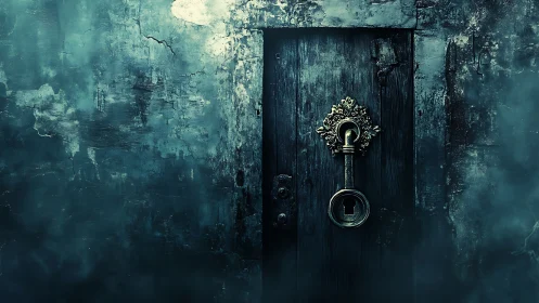 Ornate brass keyhole anchors dark weathered wooden door