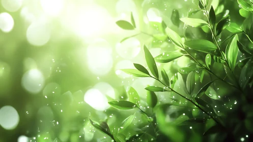 Sunlit green leaves catch glowing particles in soft bokeh