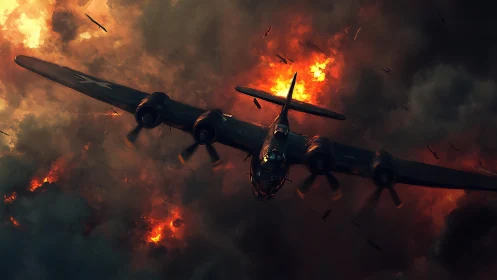 Thunderous warplane cuts through burning clouds of battle
