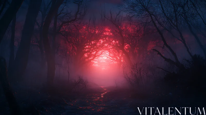 Dense forest corridor frames intense red backlit haze