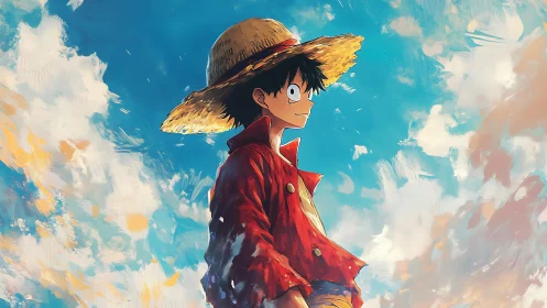 Straw hat anime hero under luminous painterly sky.