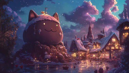 Snow-laden cat citadel and luminous alpine riverside village.