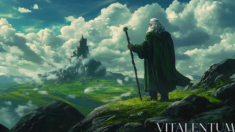 Robe clad figure observing distant fortress on plateau.